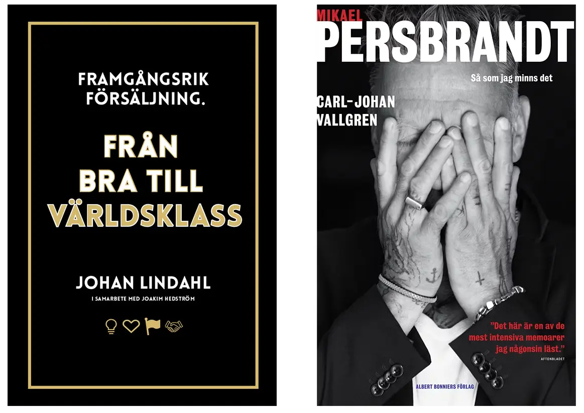 Omslaget till böckerna Framgångsrik försäljning – från bra till världsklass (skriven av Johan Lindahl och Joakim Hedström) och Så som jag minns det (skriven av Carl-Johan Vallgren)