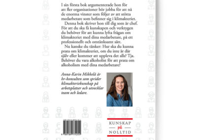 Baksidan av boken Klimakteriet för chefen, skriven av författaren Anna-Karin Mikkelä