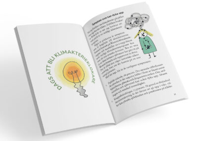 Ett uppslag från boken Klimakteriet för chefen, skriven av författaren Anna-Karin Mikkelä. På det här uppslaget visar författaren en illustration av en kvinna som har massor av prickar på sig, precis överallt. Varje prick är ett möjligt symptom av klimakteriet. När hon visar bilden under sina föreläsningar brukar publiken hicka till, vilket är just effekten hon är ute efter.